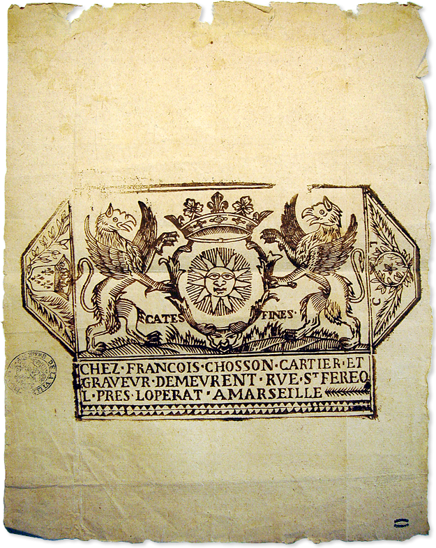 François Chosson 1736 original sheet of packaging, preserved in the Archives of Marseille